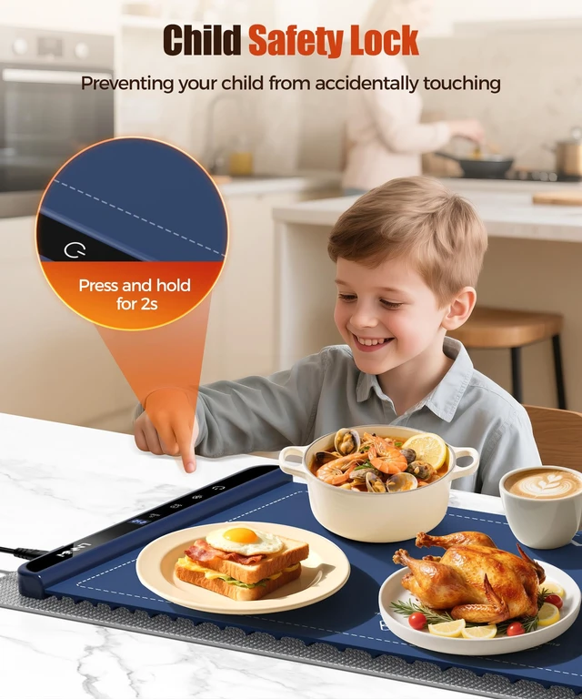 Alt view image 7 of 7 - Warming Mat for Food, 36x15 Inch, Dark Blue, Fast Heat, Child Lock | Includes heat-resistant pad. Perfect for chafing dishes, buffet & parties. Easy to clean & store. 6 settings, timer & lock.