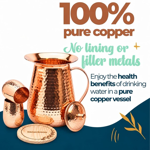 Alt view image 2 of 6 - Pure Copper Pitcher Set 70 oz with 2 Tumblers Large Ayurvedic Vessel, Durable, Eco-Friendly & Premium Quality Finish