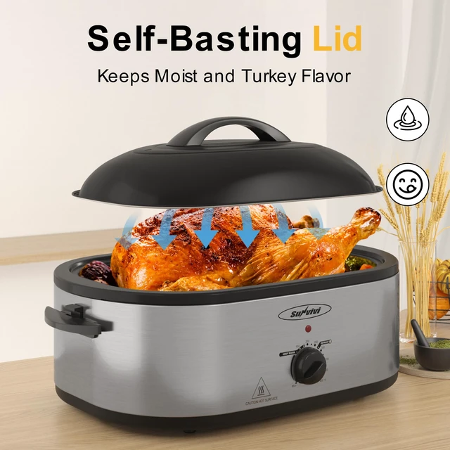 Alt view image 2 of 7 - 24lb 20-Quart Roaster Oven, Electric Roaster Oven with Self-Basting Lid, Turkey Roaster with Unique Defrost/Warm Function, Large Roaster with Removable Pan & Rack, Stainless Steel, Silver