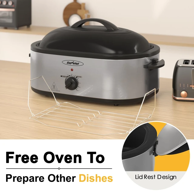 Alt view image 4 of 7 - 24lb 20-Quart Roaster Oven, Electric Roaster Oven with Self-Basting Lid, Turkey Roaster with Unique Defrost/Warm Function, Large Roaster with Removable Pan & Rack, Stainless Steel, Silver