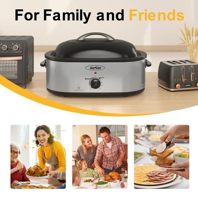 Alt view image 6 of 7 - 24lb 20-Quart Roaster Oven, Electric Roaster Oven with Self-Basting Lid, Turkey Roaster with Unique Defrost/Warm Function, Large Roaster with Removable Pan & Rack, Stainless Steel, Silver