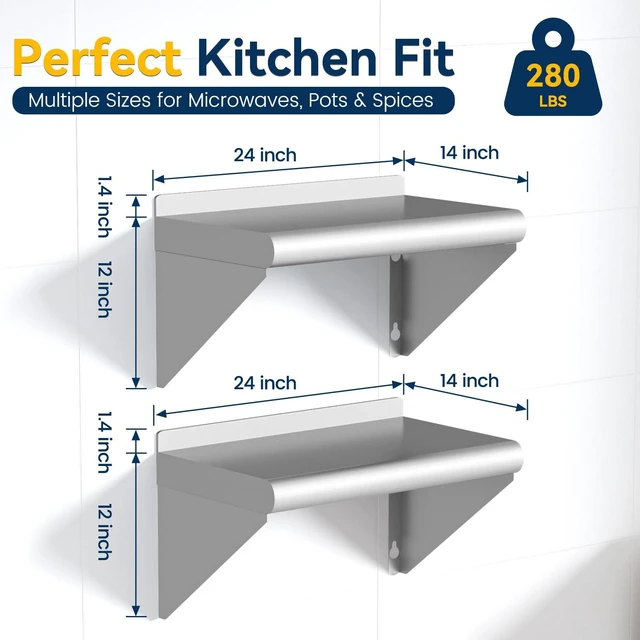 Alt view image 2 of 7 - 14 x 24 Inch Stainless Steel Wall Shelves, 2 Pack, NSF Certified | with Backsplash, Commercial Shelving for Restaurant, Kitchen and Garage; 280 lb Capacity Per Shelf, Reinforced Support