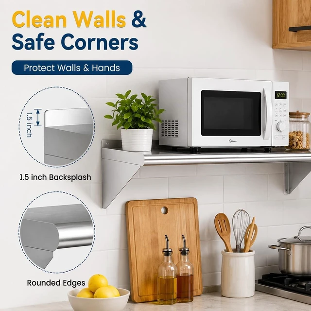 Alt view image 4 of 7 - 14 x 24 Inch Stainless Steel Wall Shelves, 2 Pack, NSF Certified | with Backsplash, Commercial Shelving for Restaurant, Kitchen and Garage; 280 lb Capacity Per Shelf, Reinforced Support
