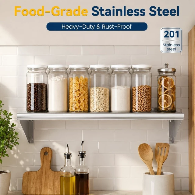 Alt view image 5 of 7 - 14 x 24 Inch Stainless Steel Wall Shelves, 2 Pack, NSF Certified | with Backsplash, Commercial Shelving for Restaurant, Kitchen and Garage; 280 lb Capacity Per Shelf, Reinforced Support