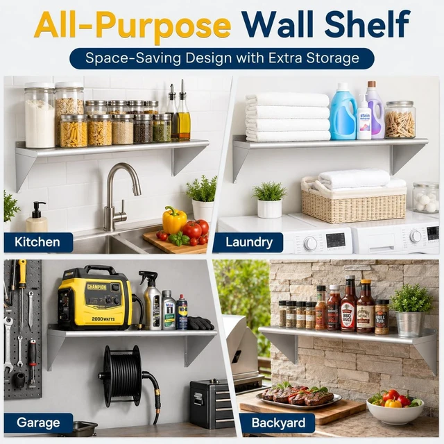 Alt view image 6 of 7 - 14 x 24 Inch Stainless Steel Wall Shelves, 2 Pack, NSF Certified | with Backsplash, Commercial Shelving for Restaurant, Kitchen and Garage; 280 lb Capacity Per Shelf, Reinforced Support