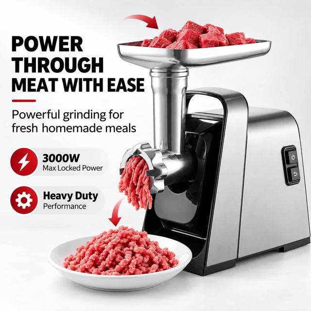 Alt view image 2 of 7 - Electric Meat Grinder, 3000W Max Heavy Duty Meat Grinder Machine | Auto Reverse Meat Mincer for Homemade Burgers, Sausages & Family Meals, Built-in Storage for Home Kitchen Use