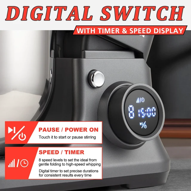 Alt view image 3 of 7 - Stand Mixer, Electric Food Mixer with Digital Switch Control, 650W | Adjustable 8-Speed & Timer, Tilt-Head Kitchen Mixer with 5-Quart Bowl, Dough Hook, Beater, Whisk and Splash Guard