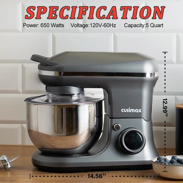 Alt view image 7 of 7 - Stand Mixer, Electric Food Mixer with Digital Switch Control, 650W | Adjustable 8-Speed & Timer, Tilt-Head Kitchen Mixer with 5-Quart Bowl, Dough Hook, Beater, Whisk and Splash Guard