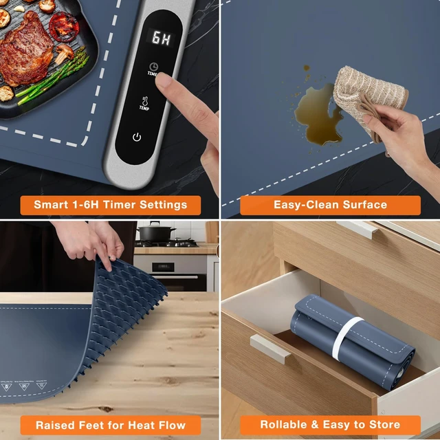 Alt view image 4 of 6 - Extra Long Warming Mat for Food, Rapid and Full Surface Heating Navy | With Heat Resistant Pad, 7 Temp Levels, 6H Timer, Portable Silicone Electric Food Heating Mat for Countertop Buffet Party