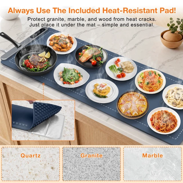 Alt view image 5 of 6 - Extra Long Warming Mat for Food, Rapid and Full Surface Heating Navy | With Heat Resistant Pad, 7 Temp Levels, 6H Timer, Portable Silicone Electric Food Heating Mat for Countertop Buffet Party