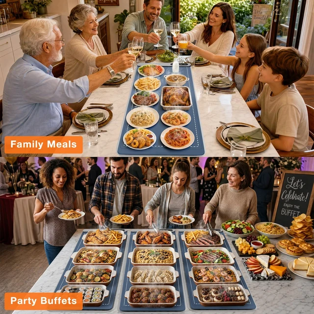 Alt view image 6 of 6 - Extra Long Warming Mat for Food, Rapid and Full Surface Heating Navy | With Heat Resistant Pad, 7 Temp Levels, 6H Timer, Portable Silicone Electric Food Heating Mat for Countertop Buffet Party