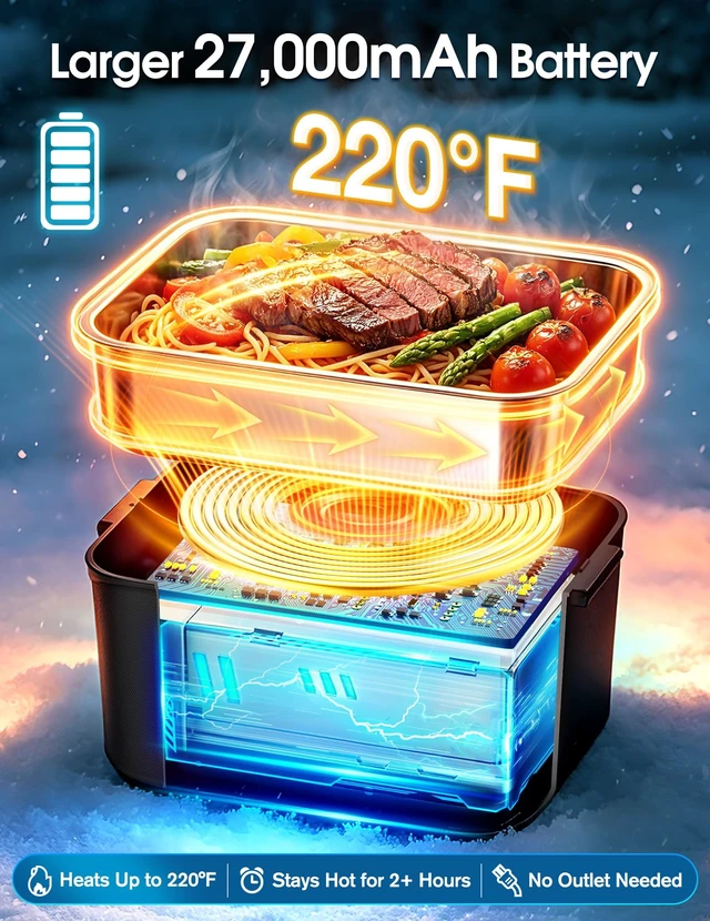 Alt view image 3 of 7 - Cordless Electric Lunch Box for Men, 1.5L 27000mAh Rechargeable, Black | Cordless Heating, 27000mAh Battery, 1.5L Stainless Steel Container, Scheduled Heating, Auto Memory, 220°F, Leak-Proof