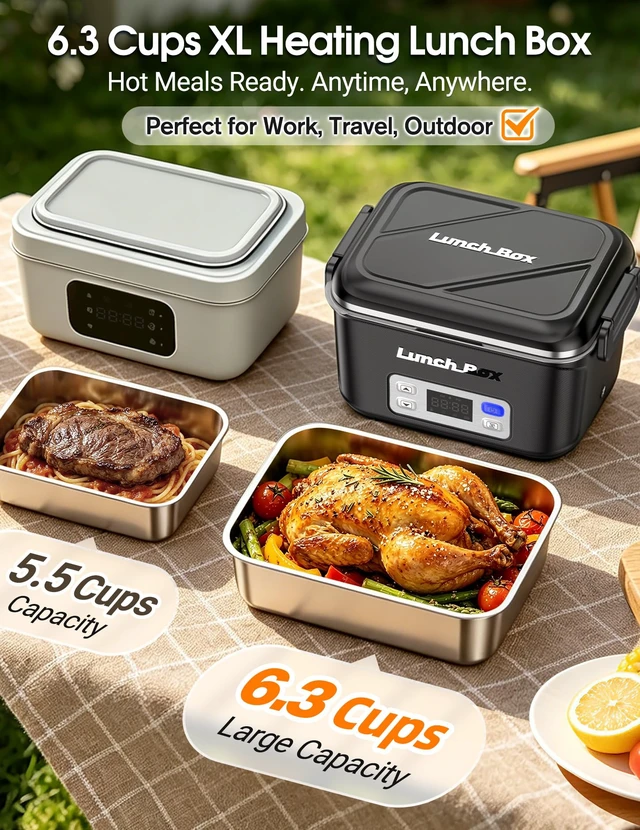 Alt view image 4 of 7 - Cordless Electric Lunch Box for Men, 1.5L 27000mAh Rechargeable, Black | Cordless Heating, 27000mAh Battery, 1.5L Stainless Steel Container, Scheduled Heating, Auto Memory, 220°F, Leak-Proof
