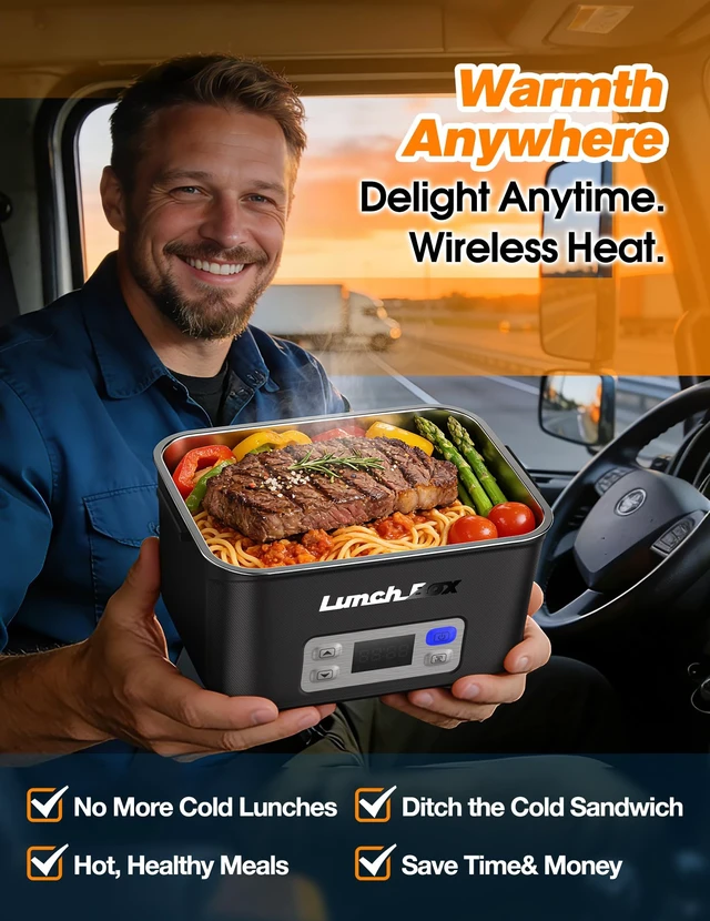 Alt view image 6 of 7 - Cordless Electric Lunch Box for Men, 1.5L 27000mAh Rechargeable, Black | Cordless Heating, 27000mAh Battery, 1.5L Stainless Steel Container, Scheduled Heating, Auto Memory, 220°F, Leak-Proof