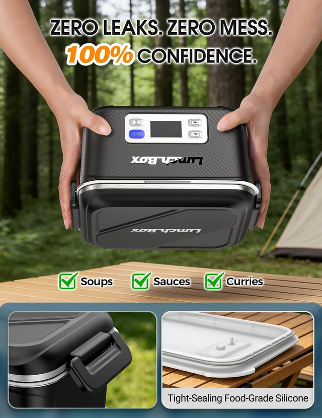 Alt view image 7 of 7 - Cordless Electric Lunch Box for Men, 1.5L 27000mAh Rechargeable, Black | Cordless Heating, 27000mAh Battery, 1.5L Stainless Steel Container, Scheduled Heating, Auto Memory, 220°F, Leak-Proof