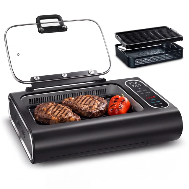 Main image of Electric Smokeless Grill & Air Fryer - 5-in-1 with Glass Lid | Korean BBQ Grill with Smoke Extractor, Digital Display, Adjustable Time & Temperature 170°F510°F, Dishwasher-Safe Parts