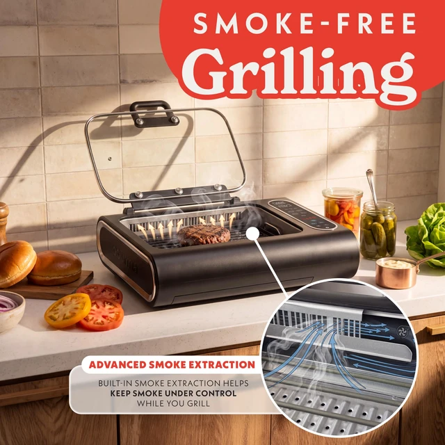 Alt view image 2 of 7 - Electric Smokeless Grill & Air Fryer - 5-in-1 with Glass Lid | Korean BBQ Grill with Smoke Extractor, Digital Display, Adjustable Time & Temperature 170°F510°F, Dishwasher-Safe Parts