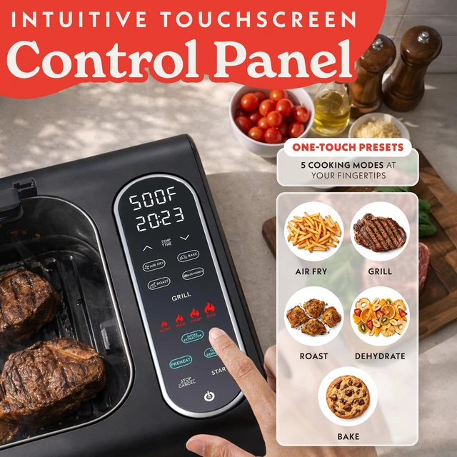 Alt view image 4 of 7 - Electric Smokeless Grill & Air Fryer - 5-in-1 with Glass Lid | Korean BBQ Grill with Smoke Extractor, Digital Display, Adjustable Time & Temperature 170°F510°F, Dishwasher-Safe Parts