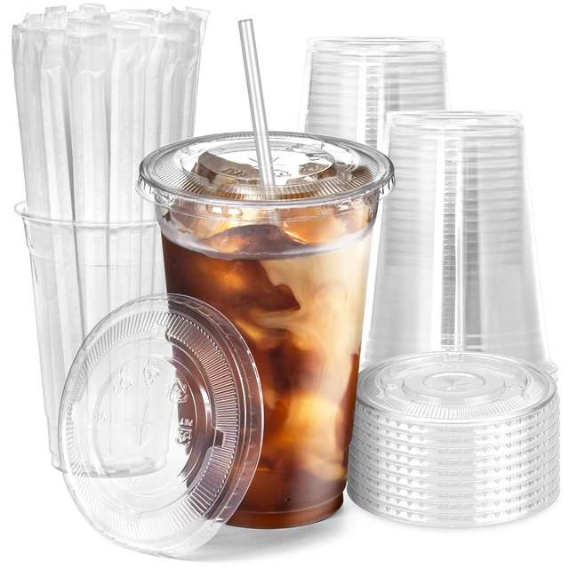 Main image of 600 Pack 20 oz Plastic Iced Coffee Cups with Flat Lids and Clear Straws, Disposable Clear Cup, BPA Free Cup for Party, Smoothie, Cold Drinks, Juice, Milkshake, Bubble Boba, Tea