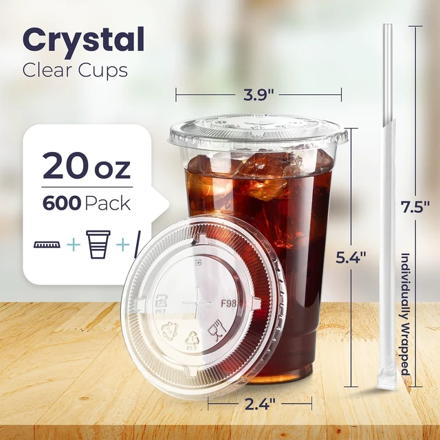 Alt view image 2 of 7 - 600 Pack 20 oz Plastic Iced Coffee Cups with Flat Lids and Clear Straws, Disposable Clear Cup, BPA Free Cup for Party, Smoothie, Cold Drinks, Juice, Milkshake, Bubble Boba, Tea