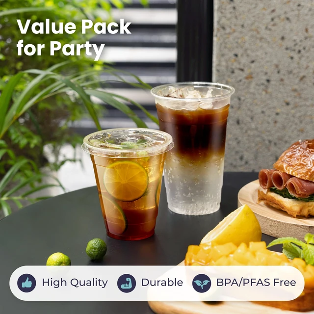 Alt view image 5 of 7 - 600 Pack 20 oz Plastic Iced Coffee Cups with Flat Lids and Clear Straws, Disposable Clear Cup, BPA Free Cup for Party, Smoothie, Cold Drinks, Juice, Milkshake, Bubble Boba, Tea