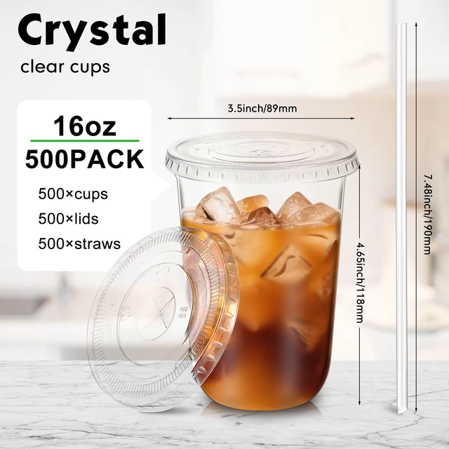 Alt view image 3 of 6 - 500 Sets 16oz Clear Plastic Cups with Lids Straws Disposable Cups | Iced Coffee Clear Round Bottom Drinking PET Cold Drinks Juice Smoothie Coffee Shops Party Wedding Christmas Valentine's Day