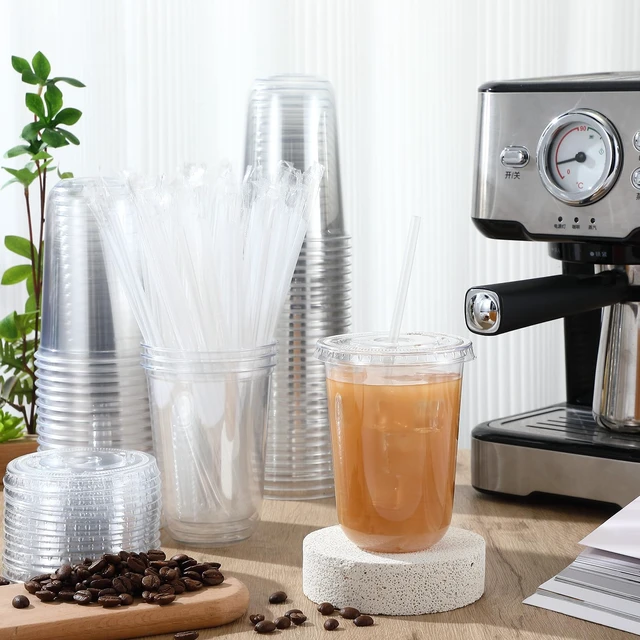 Alt view image 2 of 6 - 500 Sets 16oz Clear Plastic Cups with Lids Straws Disposable Cups | Iced Coffee Clear Round Bottom Drinking PET Cold Drinks Juice Smoothie Coffee Shops Party Wedding Christmas Valentine's Day