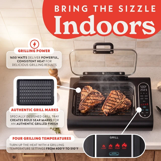 Alt view image 6 of 7 - Electric Smokeless Grill & Air Fryer - 5-in-1 with Glass Lid | Korean BBQ Grill with Smoke Extractor, Digital Display, Adjustable Time & Temperature 170°F510°F, Dishwasher-Safe Parts