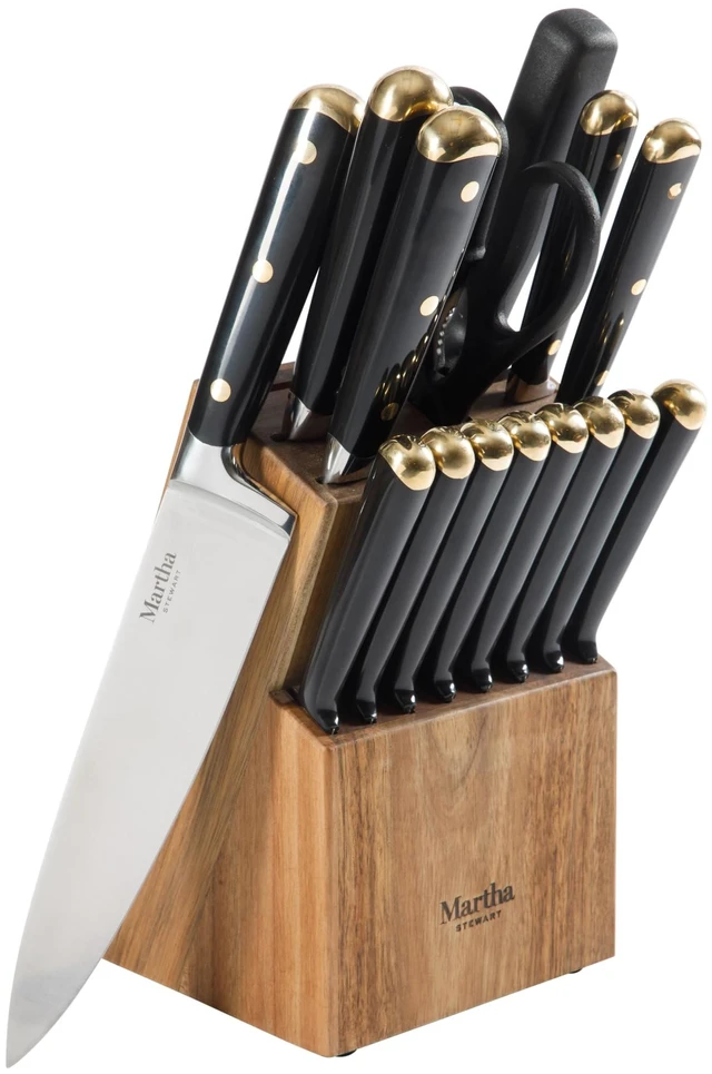 Main image of 16-Piece Lockton High Carbon Stainless Steel Knife Block Set - Forged Full Tang Chef Knives, Acacia Wood Block, Triple Riveted Handles, Black & Gold