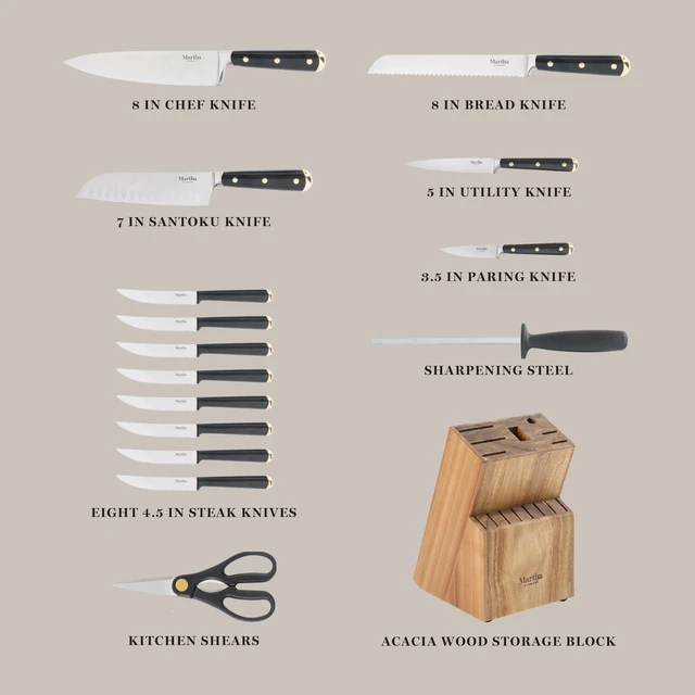 Alt view image 2 of 5 - 16-Piece Lockton High Carbon Stainless Steel Knife Block Set - Forged Full Tang Chef Knives, Acacia Wood Block, Triple Riveted Handles, Black & Gold