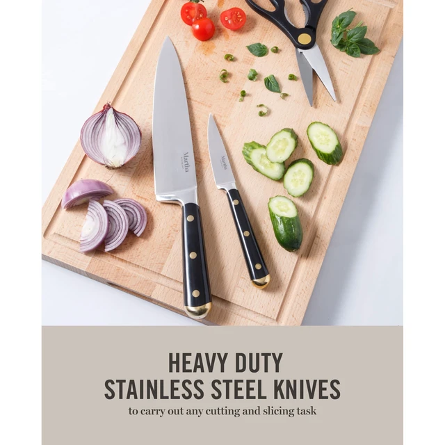 Alt view image 3 of 5 - 16-Piece Lockton High Carbon Stainless Steel Knife Block Set - Forged Full Tang Chef Knives, Acacia Wood Block, Triple Riveted Handles, Black & Gold