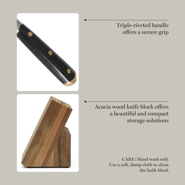 Alt view image 5 of 5 - 16-Piece Lockton High Carbon Stainless Steel Knife Block Set - Forged Full Tang Chef Knives, Acacia Wood Block, Triple Riveted Handles, Black & Gold