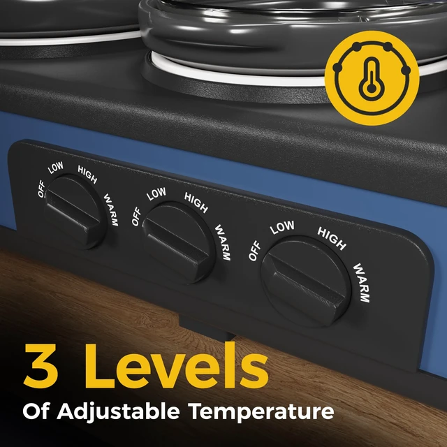 Alt view image 2 of 7 - Triple Slow Cooker, Buffet Food Warmer with 3 x 1.5 QT Removable Ceramic Pots, Buffet Servers and Warmers with Glass Lids and 3 Spoons, Stainless Steel, Blue