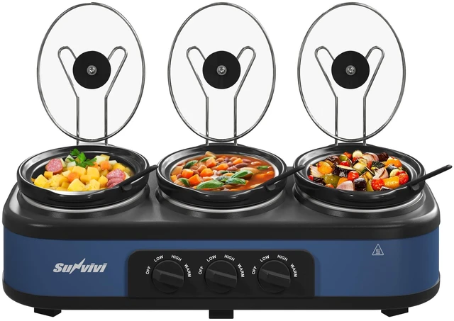 Main image of Triple Slow Cooker, Buffet Food Warmer with 3 x 1.5 QT Removable Ceramic Pots, Buffet Servers and Warmers with Glass Lids and 3 Spoons, Stainless Steel, Blue