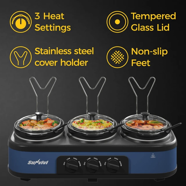 Alt view image 4 of 7 - Triple Slow Cooker, Buffet Food Warmer with 3 x 1.5 QT Removable Ceramic Pots, Buffet Servers and Warmers with Glass Lids and 3 Spoons, Stainless Steel, Blue