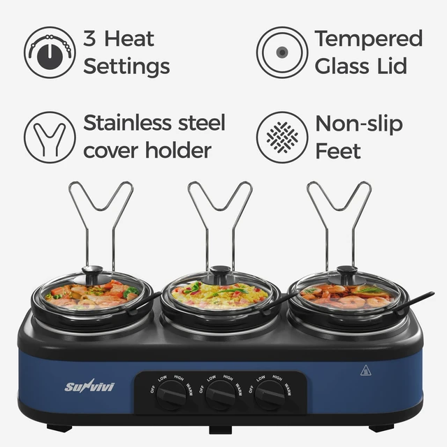 Alt view image 5 of 7 - Triple Slow Cooker, Buffet Food Warmer with 3 x 1.5 QT Removable Ceramic Pots, Buffet Servers and Warmers with Glass Lids and 3 Spoons, Stainless Steel, Blue