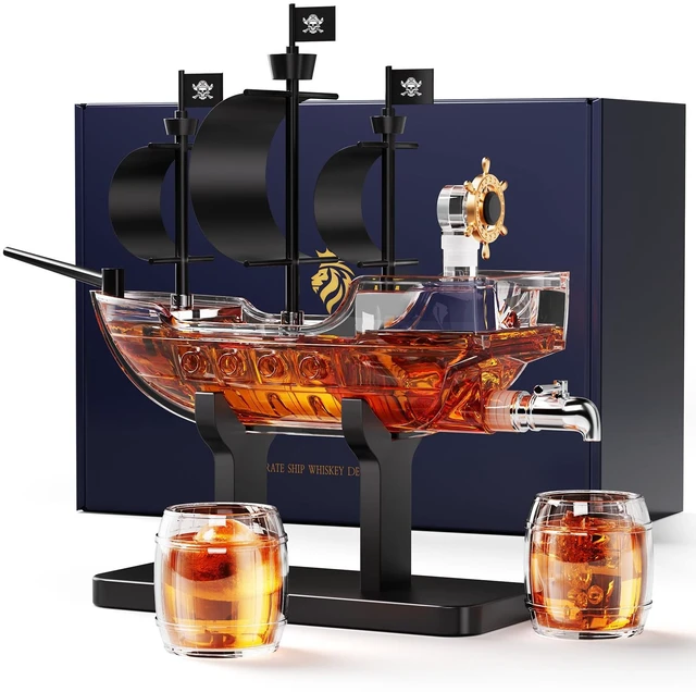 Main image of Pirate Ship Whiskey Decanter Gift Set with 2 Glasses | Handcrafted 36.5 oz Liquor Dispenser with Tap, 2 Barrel Glasses, Unique Sailor & Captain Gifts for Men, Dad, Husband, Brother