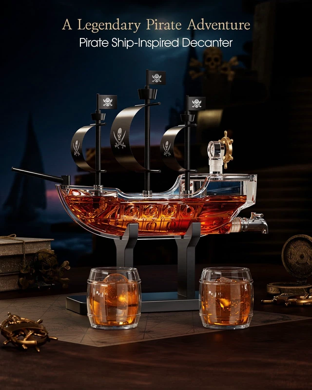 Alt view image 2 of 7 - Pirate Ship Whiskey Decanter Gift Set with 2 Glasses | Handcrafted 36.5 oz Liquor Dispenser with Tap, 2 Barrel Glasses, Unique Sailor & Captain Gifts for Men, Dad, Husband, Brother