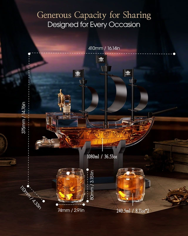 Alt view image 5 of 7 - Pirate Ship Whiskey Decanter Gift Set with 2 Glasses | Handcrafted 36.5 oz Liquor Dispenser with Tap, 2 Barrel Glasses, Unique Sailor & Captain Gifts for Men, Dad, Husband, Brother