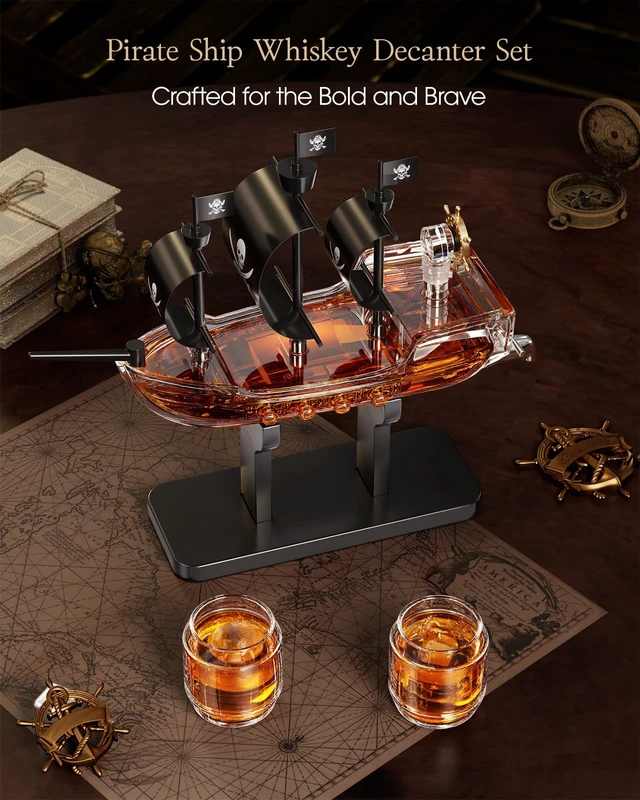 Alt view image 4 of 7 - Pirate Ship Whiskey Decanter Gift Set with 2 Glasses | Handcrafted 36.5 oz Liquor Dispenser with Tap, 2 Barrel Glasses, Unique Sailor & Captain Gifts for Men, Dad, Husband, Brother