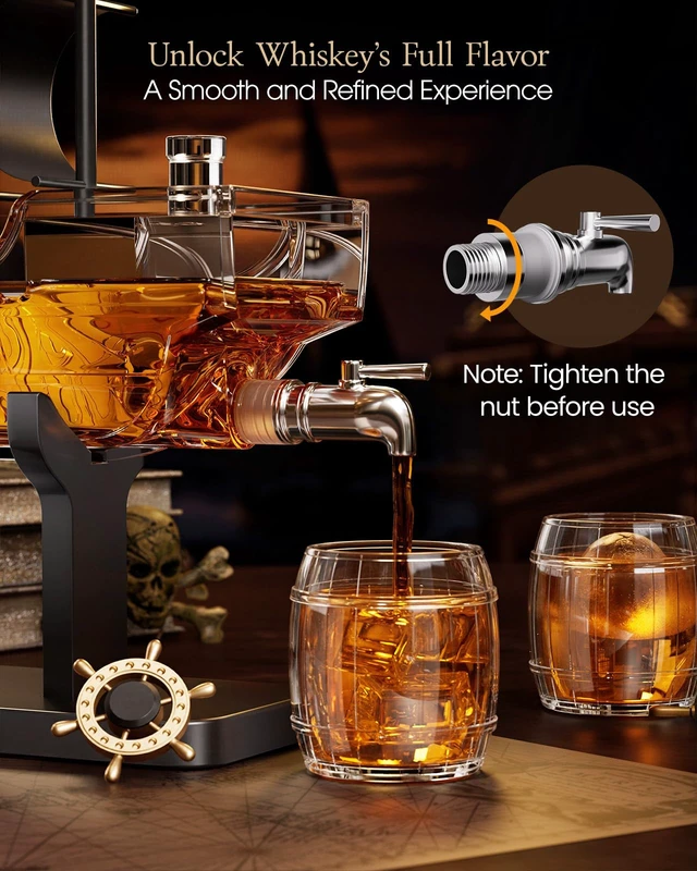 Alt view image 6 of 7 - Pirate Ship Whiskey Decanter Gift Set with 2 Glasses | Handcrafted 36.5 oz Liquor Dispenser with Tap, 2 Barrel Glasses, Unique Sailor & Captain Gifts for Men, Dad, Husband, Brother