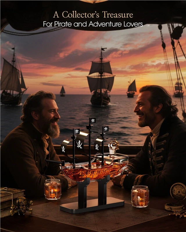 Alt view image 7 of 7 - Pirate Ship Whiskey Decanter Gift Set with 2 Glasses | Handcrafted 36.5 oz Liquor Dispenser with Tap, 2 Barrel Glasses, Unique Sailor & Captain Gifts for Men, Dad, Husband, Brother
