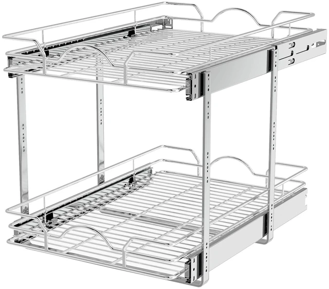 Main image of 2 Tier Pull Out Cabinet Organizer (15.5" W x 21" D), Pull Out Drawers for Kitchen Cabinets, Pull Out Shelves for Base Cabinet Organization in Kitchen Bathroom Pantry, Chrome Finish