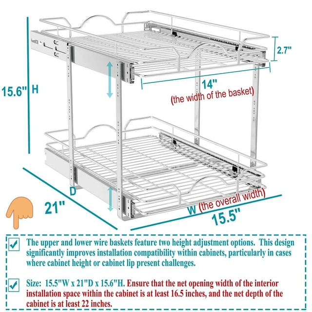 Alt view image 4 of 7 - 2 Tier Pull Out Cabinet Organizer (15.5" W x 21" D), Pull Out Drawers for Kitchen Cabinets, Pull Out Shelves for Base Cabinet Organization in Kitchen Bathroom Pantry, Chrome Finish