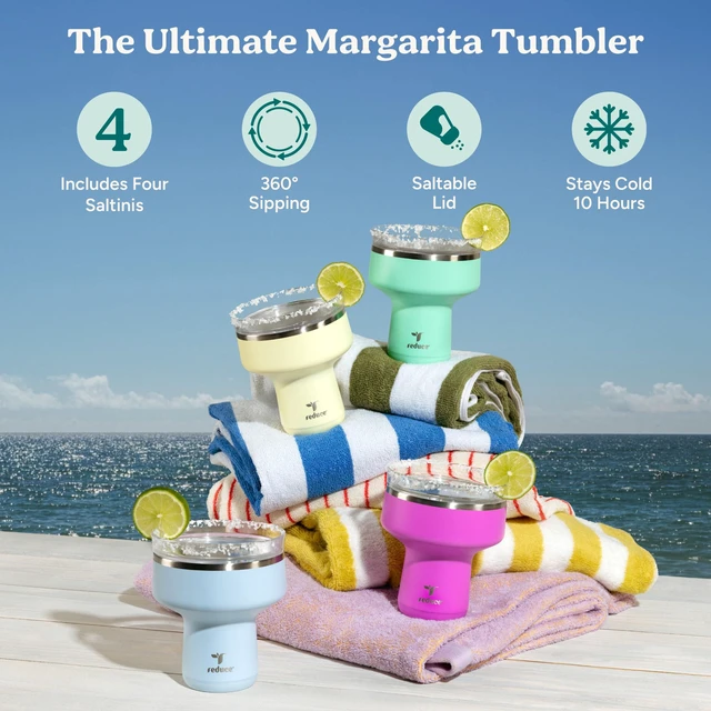 Alt view image 2 of 7 - Saltini 16oz Margarita Tumbler - Insulated Cocktail Glass - 4 Pack | 360 sippable martini glass alternative, keeps drinks cold for 10 hours, multicolor,saltable splash-proof lid,cocktail tumbler