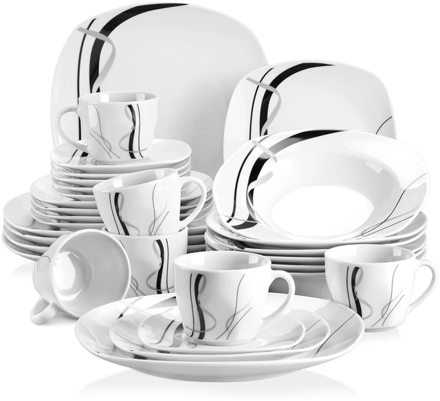 Main image of Ceramic Dinnerware Sets for 6, White and Black Dishes Set, FIONA | Porcelain Dinner Set Including Dessert Plates, Soup Plates, Dinner Plates, Cups & Saucers, Microwave & Dishwasher Safe