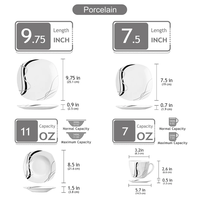 Alt view image 2 of 6 - Ceramic Dinnerware Sets for 6, White and Black Dishes Set, FIONA | Porcelain Dinner Set Including Dessert Plates, Soup Plates, Dinner Plates, Cups & Saucers, Microwave & Dishwasher Safe