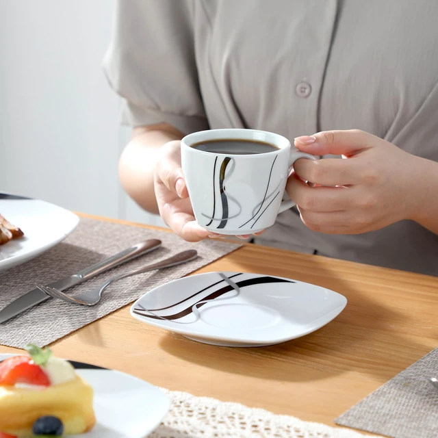 Alt view image 3 of 6 - Ceramic Dinnerware Sets for 6, White and Black Dishes Set, FIONA | Porcelain Dinner Set Including Dessert Plates, Soup Plates, Dinner Plates, Cups & Saucers, Microwave & Dishwasher Safe