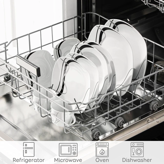 Alt view image 4 of 6 - Ceramic Dinnerware Sets for 6, White and Black Dishes Set, FIONA | Porcelain Dinner Set Including Dessert Plates, Soup Plates, Dinner Plates, Cups & Saucers, Microwave & Dishwasher Safe