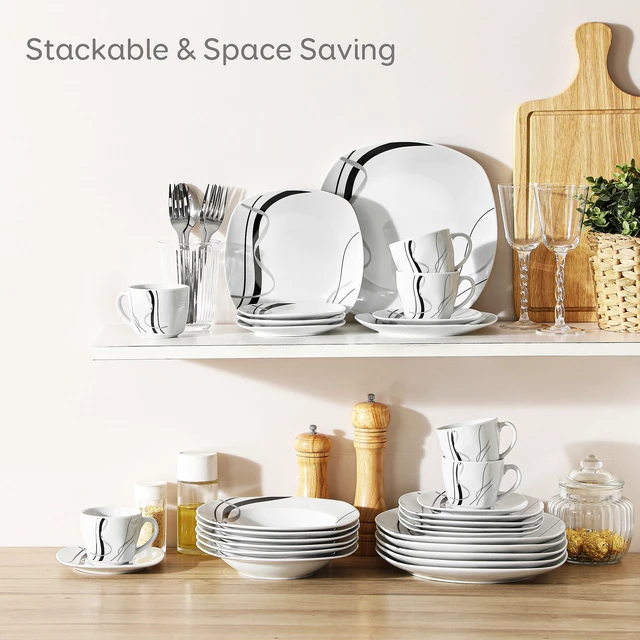 Alt view image 5 of 6 - Ceramic Dinnerware Sets for 6, White and Black Dishes Set, FIONA | Porcelain Dinner Set Including Dessert Plates, Soup Plates, Dinner Plates, Cups & Saucers, Microwave & Dishwasher Safe